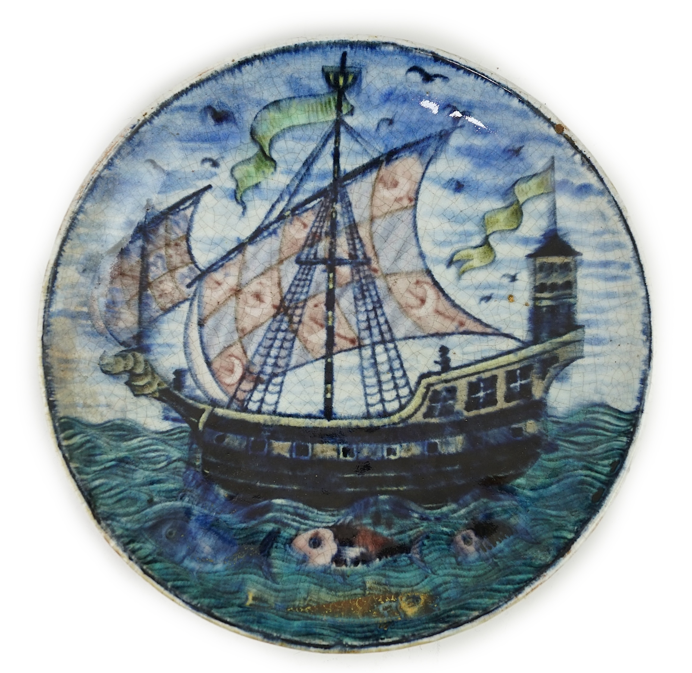 A William de Morgan ‘Galleon ship’ plate, Fulham period (1888-1898), decorated by Charles Passenger